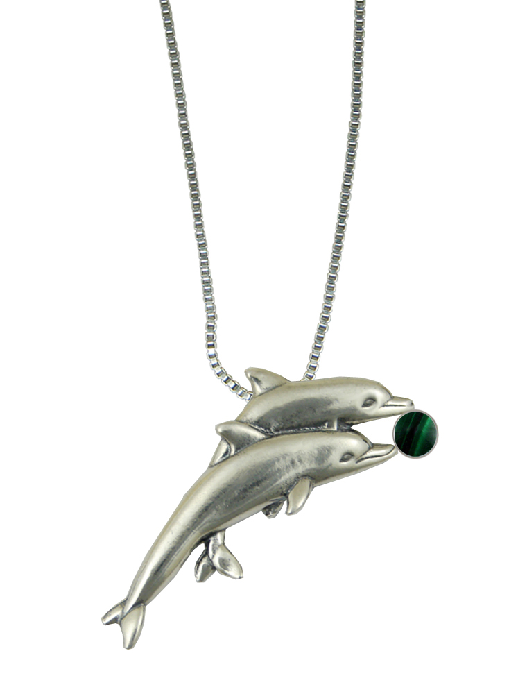 Sterling Silver Pair of Dolphins Pendant With Malachite